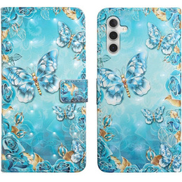 Pattintható tok a Samsung Galaxy A05s Wallet, Blue Gold Butterflies, kék