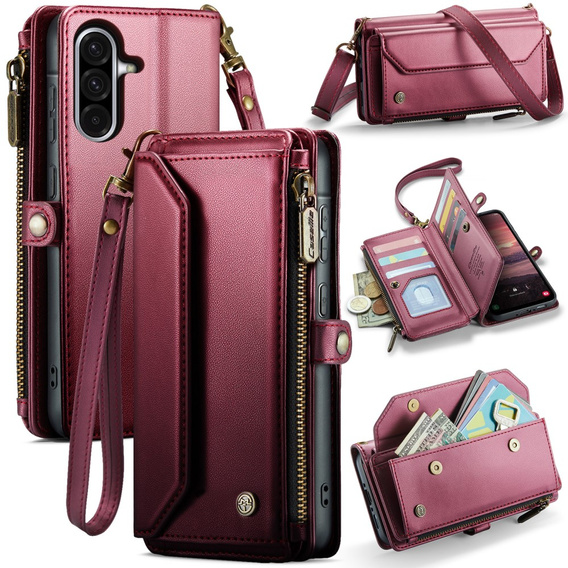 Tok CASEME Samsung Galaxy A56 5G, RFID Leather Wallet, vállpánttal, piros