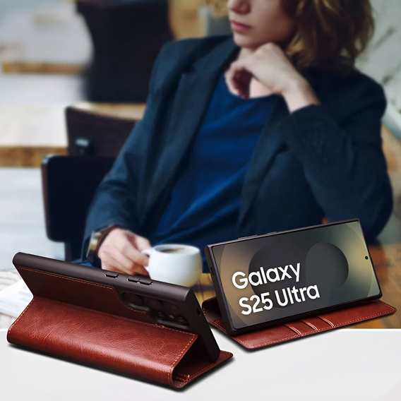Flip tok Samsung Galaxy S25 Ultra, QIALINO Leather Wallet, sötétbarna