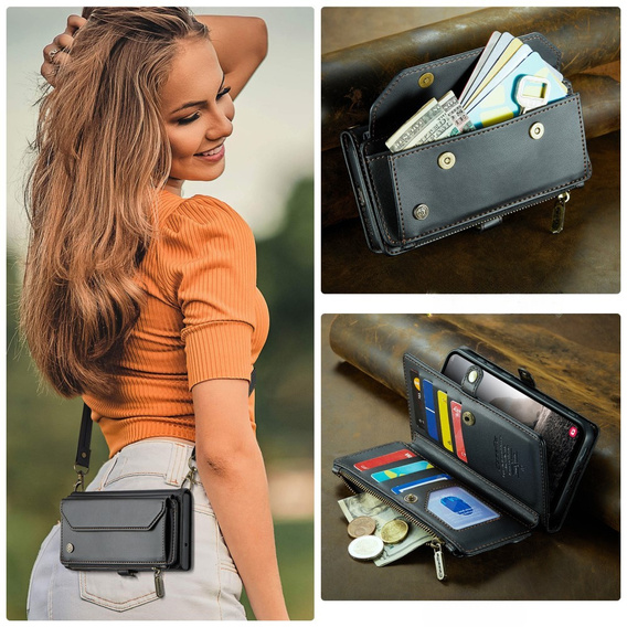 Tok CASEME Samsung Galaxy A56 5G, RFID Leather Wallet, vállpánttal, fekete