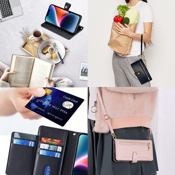 Pattintható tok a iPhone 14, Wallet Zipper Pocket, fekete