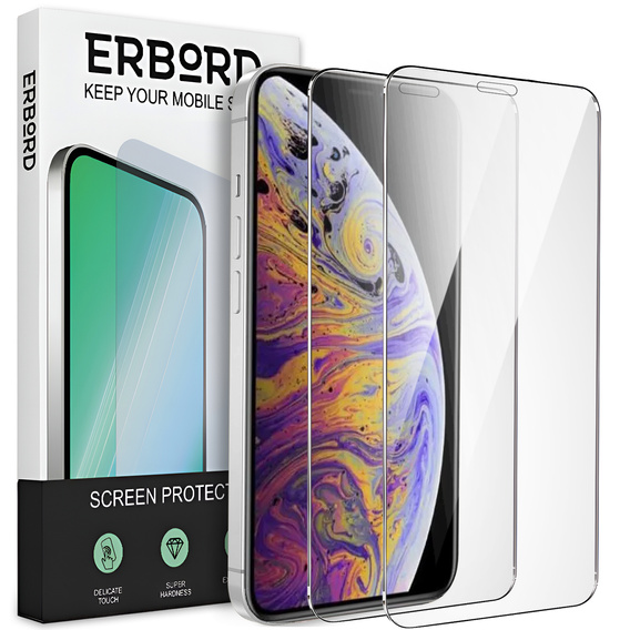 2x edzett üveg a iPhone X/XS, ERBORD 9H Hard Glass a képernyőn