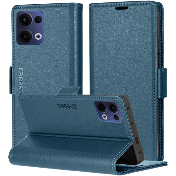Tok Oppo Reno 13, ERBORD Glossy Litchi, pénztárca patenttal, kék
