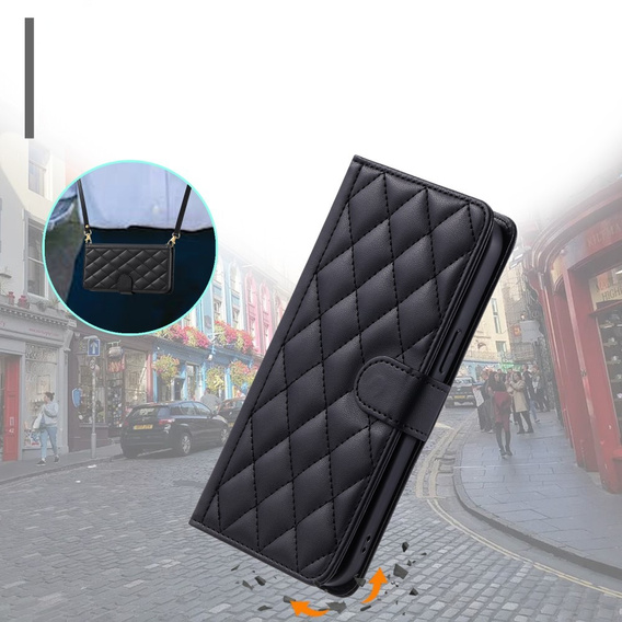 Flap tok Samsung Galaxy S24 FE, Rhombus Crossbody Leather, fekete