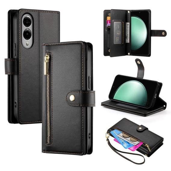 Pattintható tok a Samsung Galaxy S25 Edge, Wallet Zipper Pocket, fekete