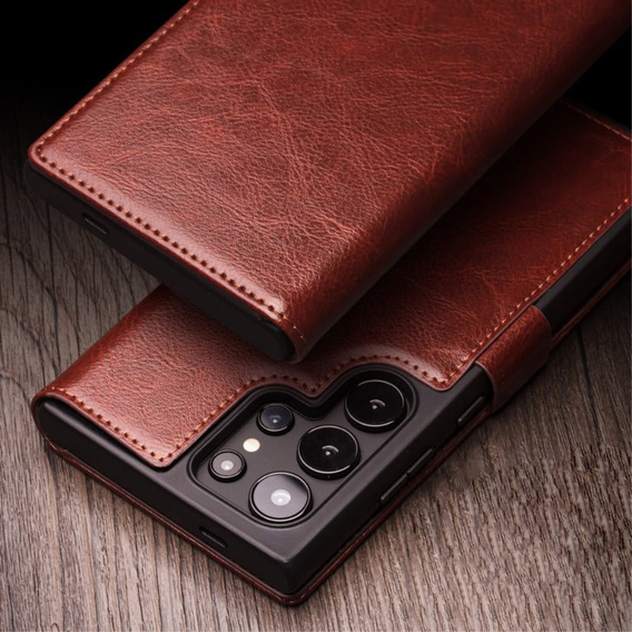 Flip tok Samsung Galaxy S25 Ultra, QIALINO Leather Wallet, sötétbarna