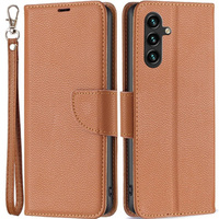 Pattintható tok a Samsung Galaxy A15, Wallet Litchi Leather, barna + 9H üveg