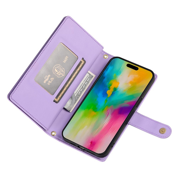 Pattintható tok a iPhone 16 Pro Max, Wallet Zipper Pocket, lila