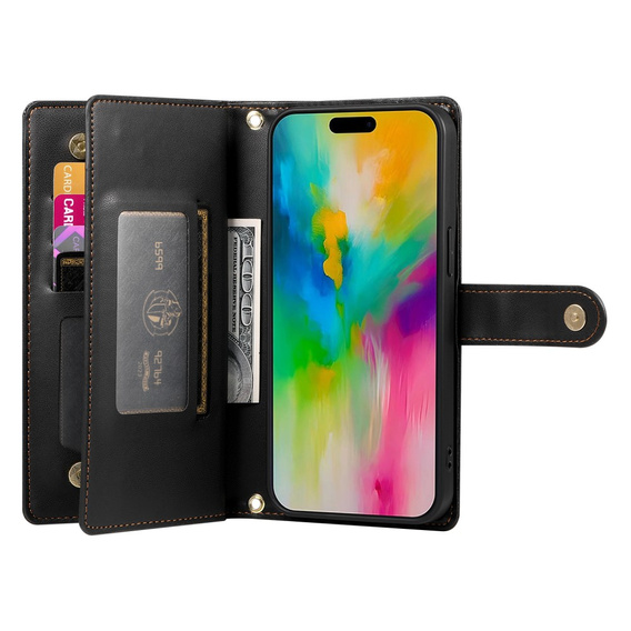 Pattintható tok a iPhone 16 Pro, Wallet Zipper Pocket, fekete