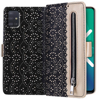 Flap tok Samsung Galaxy A51, Wallet Pocket Zipper Lace, fekete