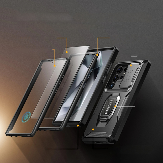 Páncélozott tok Samsung Galaxy S24, TONGATE MECH sorozat gyűrűvel, fekete