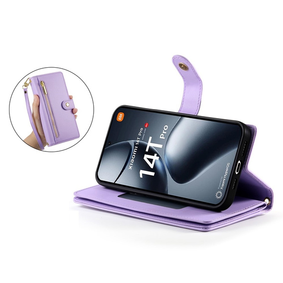 Pattintható tok a Xiaomi 14T Pro, Wallet Zipper Pocket, lila