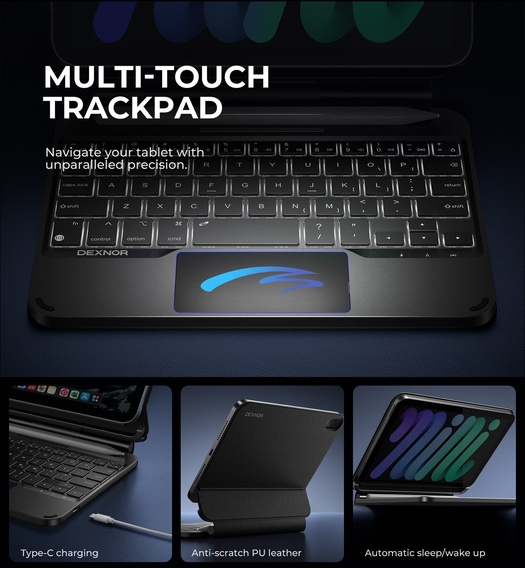 Billentyűzet tok iPad mini 8,3" 2021 (6. generáció) / iPad mini 8,3" 2024 (7. generáció) készülékekhez, Dexnor mágneses billentyűzet érintőpad, fekete