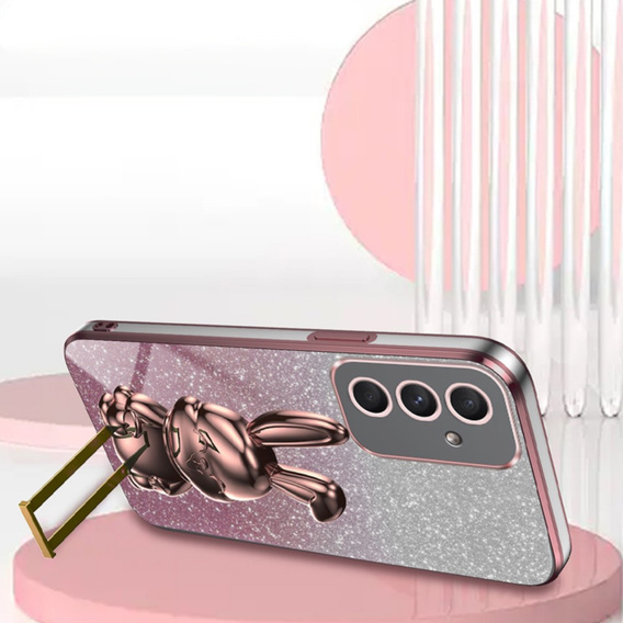 Tok Samsung Galaxy A54 5G, Glitter Rabbit, kihúzható állvánnyal, rózsaszín
