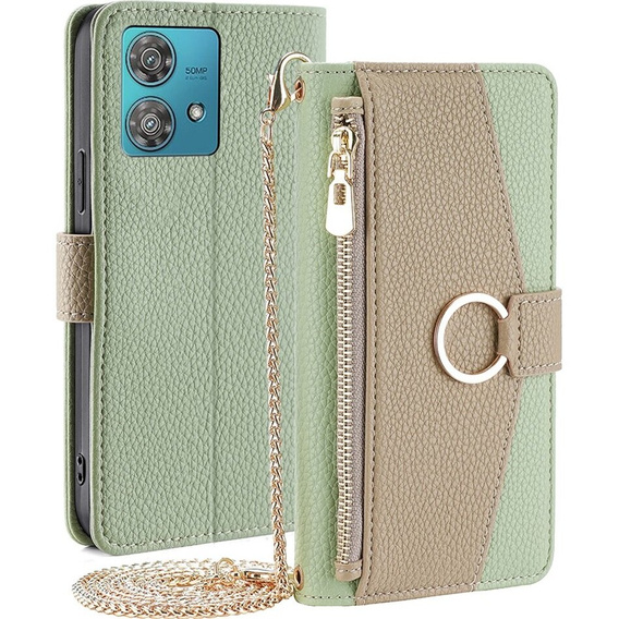 Flip tok Motorola Edge 40 Neo 5G, Wallet Zipper Pocket, tükörrel, zöld