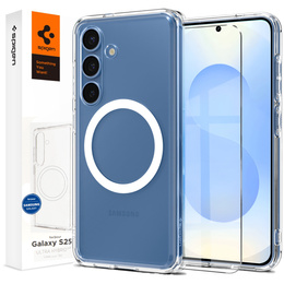 MagSafe Spigen tok Samsung Galaxy S25+ Plus, Ultra Hybrid, átlátszó / fehér + 9H edzett üveg