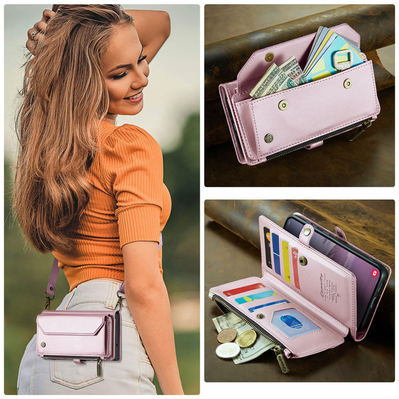 Tok CASEME Samsung Galaxy S25 FE, RFID Leather Wallet, vállpánttal, rózsaszín