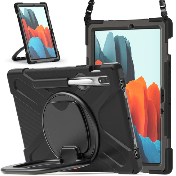 Tok Samsung Galaxy Tab S10 Lite / S10 FE / S9 FE / S9 / S8 / Tab S7, páncélozott, 360 fokban forgatható, fekete színű