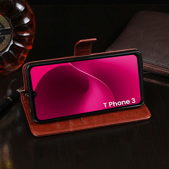 Pattintható tok a T Phone 3 5G, Crazy Horse Wallet, barna