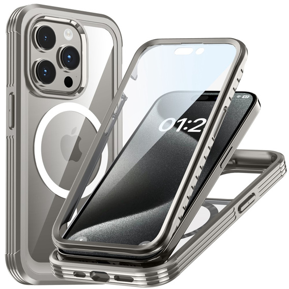 Tok iPhone 15 Pro, páncélozott teljes védelem 360° MagSafe, képernyőüveg, szürke