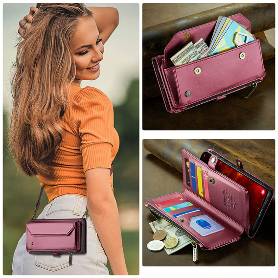 Tok CASEME Samsung Galaxy S25 FE, RFID Leather Wallet, vállpánttal, piros