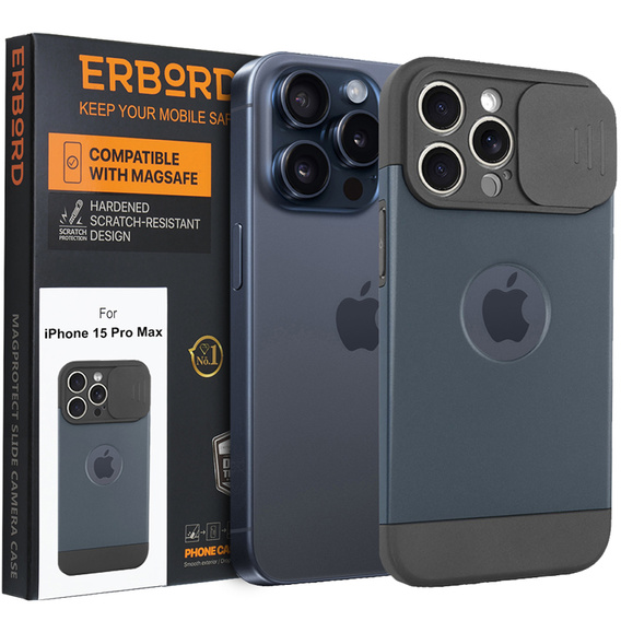 Telefontok a iPhone 15 Pro Max, ERBORD MagProtect Slide Camera, titánium kék