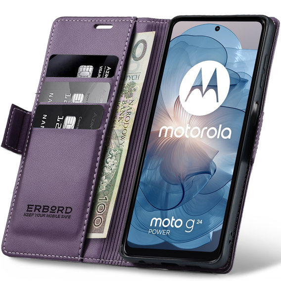 Tok Motorola Moto G24 Power, ERBORD Glossy Litchi, pénztárca patenttal, lila