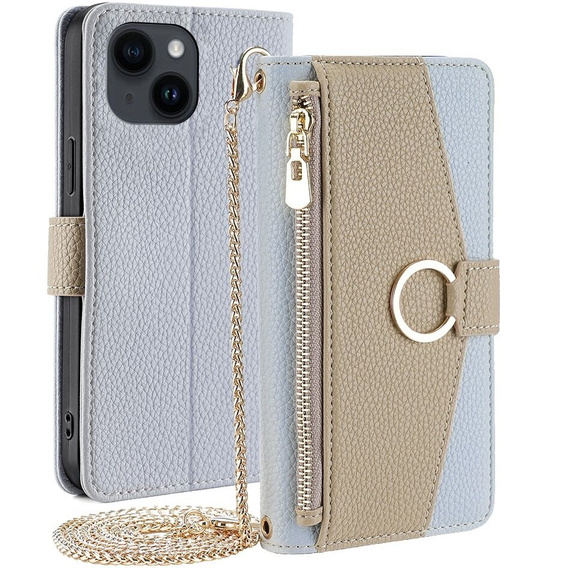 Flip tok iPhone 15, Wallet Zipper Pocket, tükörrel, kék