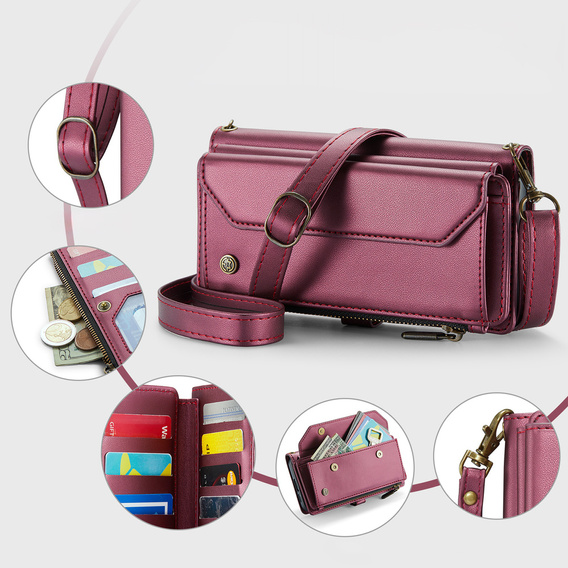 Tok CASEME Samsung Galaxy S25 FE, RFID Leather Wallet, vállpánttal, piros