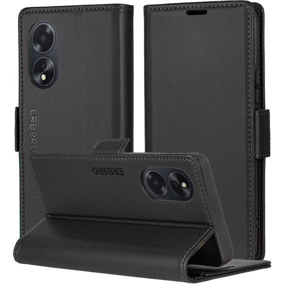 Tok Oppo A18 4G / A38 4G, ERBORD Glossy Litchi, pénztárca patenttal, fekete