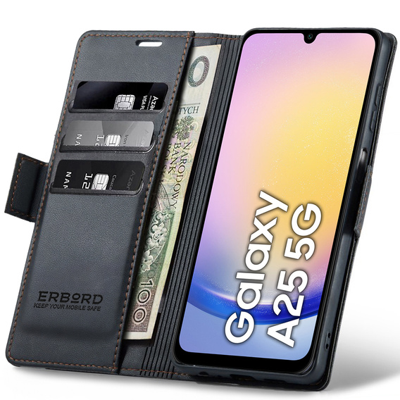 Tok Samsung Galaxy A25 5G, ERBORD Glossy Litchi, pénztárca patenttal, fekete