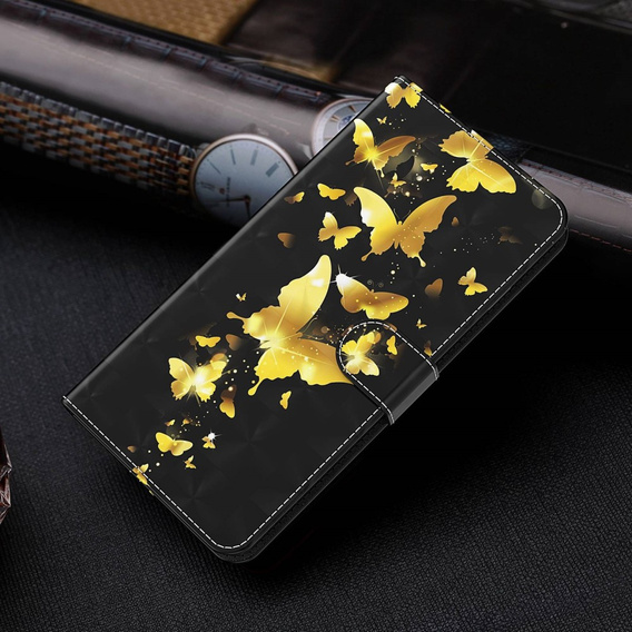 Pattintható tok a Samsung Galaxy A14 4G/5G, Wallet Butterfly, arany