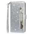 Pattintható tok a Samsung Galaxy A35 5G, Wallet Zipper Pocket Glittery, ezüst