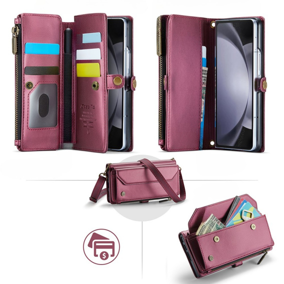 Tok CASEME Samsung Galaxy Z Fold6 5G, RFID Leather Wallet, vállpánttal, piros