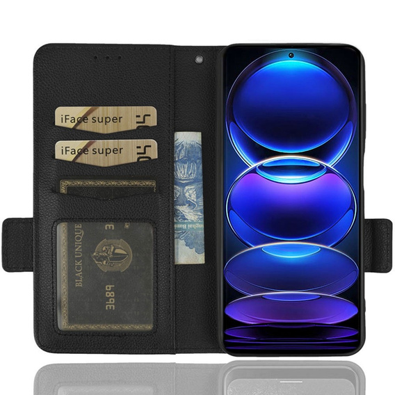 Pattintható tok a Xiaomi Redmi Note 12 5G / POCO X5 5G, Wallet Litchi Magnet, fekete