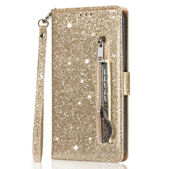 Pattintható tok a Samsung Galaxy A35 5G, Wallet Zipper Pocket Glittery, arany