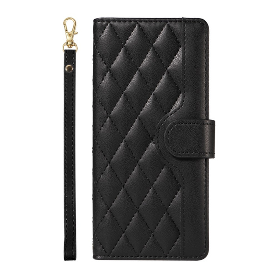 Flap tok iPhone 16E, Rhombus Crossbody Leather, fekete