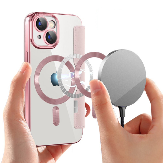 Pattintható tok a iPhone 15, RFID Wallet MagSafe CamShield, rózsaszín