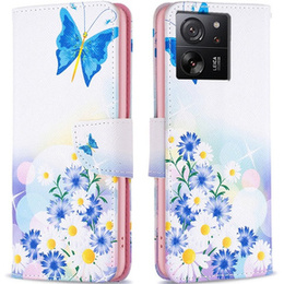 Pántos tok Xiaomi 13T / 13T Pro / Redmi K60 Ultra, pénztárca, pillangó és virágok, fehér