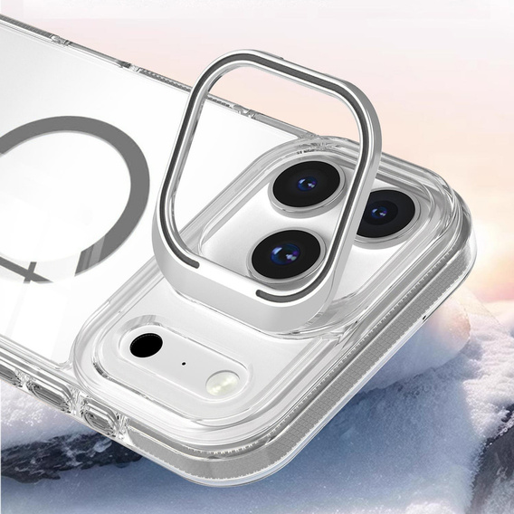 Tok iPhone 17 Pro Max készülékhez, MagSafe, állvánnyal, átlátszó, szürke betétekkel