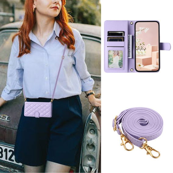 Flap tok iPhone 16, Rhombus Crossbody Leather, lila