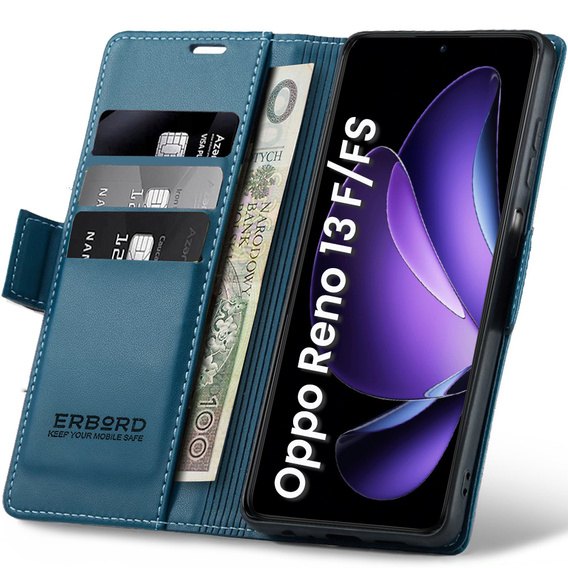 Tok Oppo Reno 13F / Oppo Reno 13FS, ERBORD Glossy Litchi, pénztárca patenttal, kék