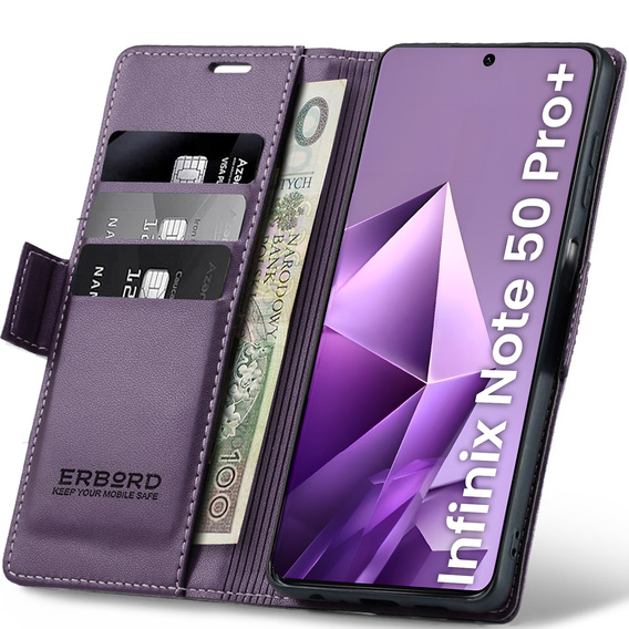 Tok Infinix Note 50 Pro+, ERBORD Glossy Litchi, pénztárca patenttal, lila