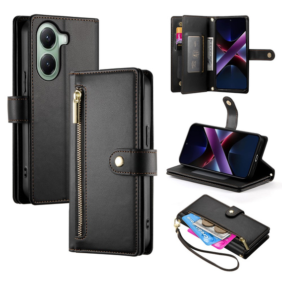 Pattintható tok a Xiaomi Poco X7 Pro 5G, Wallet Zipper Pocket, fekete