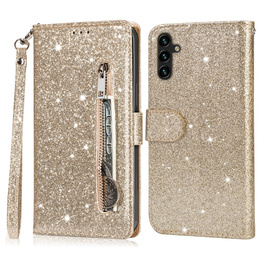 Pattintható tok a Samsung Galaxy A36 5G, Wallet Zipper Pocket Glittery, arany