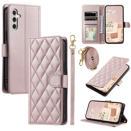 Flap tok Samsung Galaxy S25 FE, Rhombus Crossbody Leather, rózsaszín rose gold