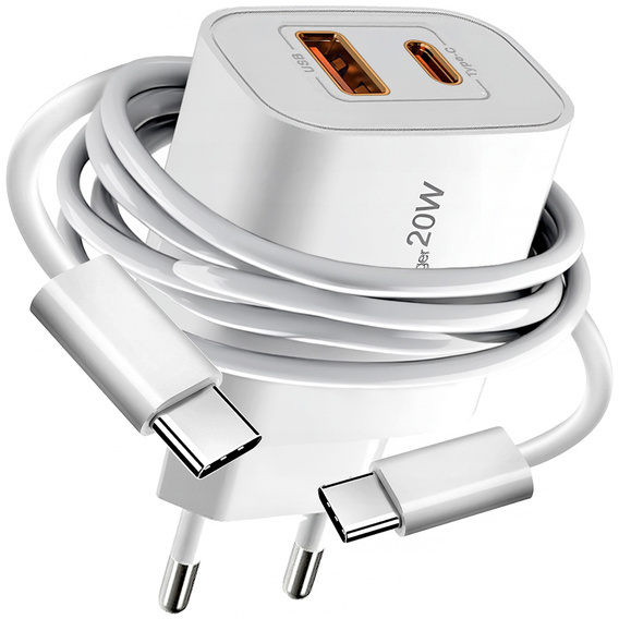 XO CE12 hálózati töltő, USB-C, 20W + USB-C - Lightning kábel, Fehér