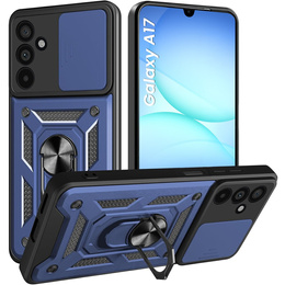 Páncélozott tok Samsung Galaxy A17 5G készülékhez, kameravédelemmel, állvánnyal, kék színű