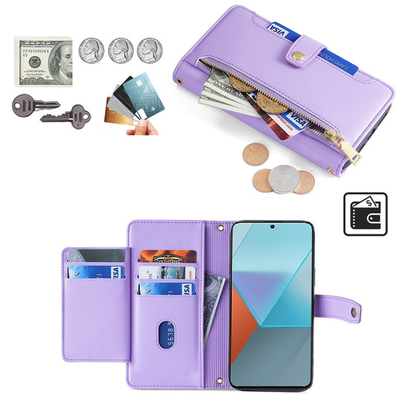 Pattintható tok a Xiaomi Redmi Note 13 Pro 5G, Wallet Zipper Pocket, lila