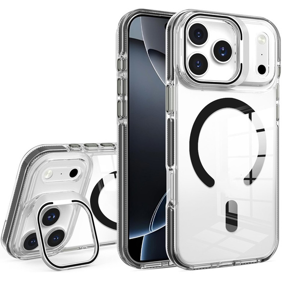Tok iPhone 17 Pro Max készülékhez, MagSafe, állvánnyal, átlátszó, fekete betétekkel